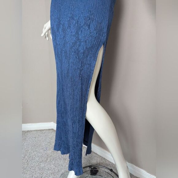 90s Minimalist Maxi Dress – Crinkled Fabric, Rose Pattern, Slit, Size XS/S, Sava - Picture 2 of 10